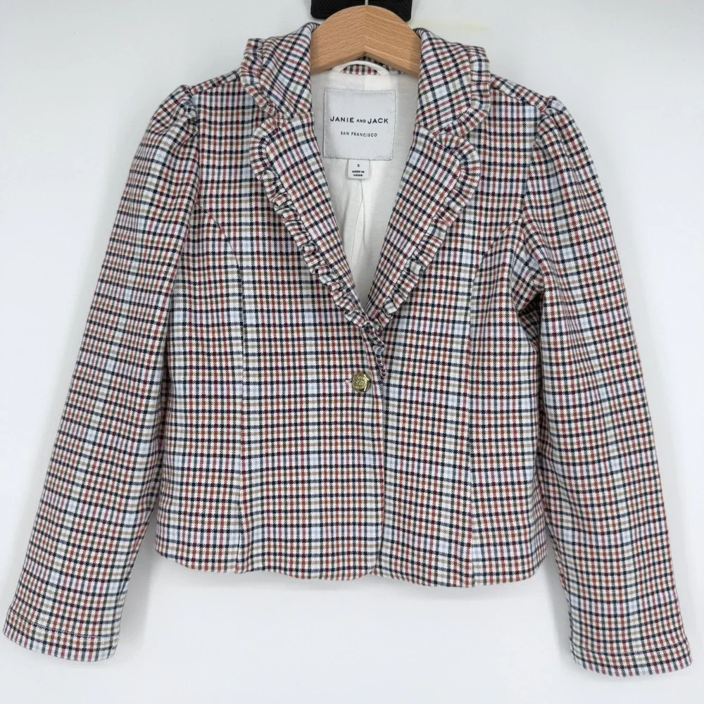 Janie and Jack Girl's Plaid Blazer Ruffled Collar‎ Sz 5 Equestrian